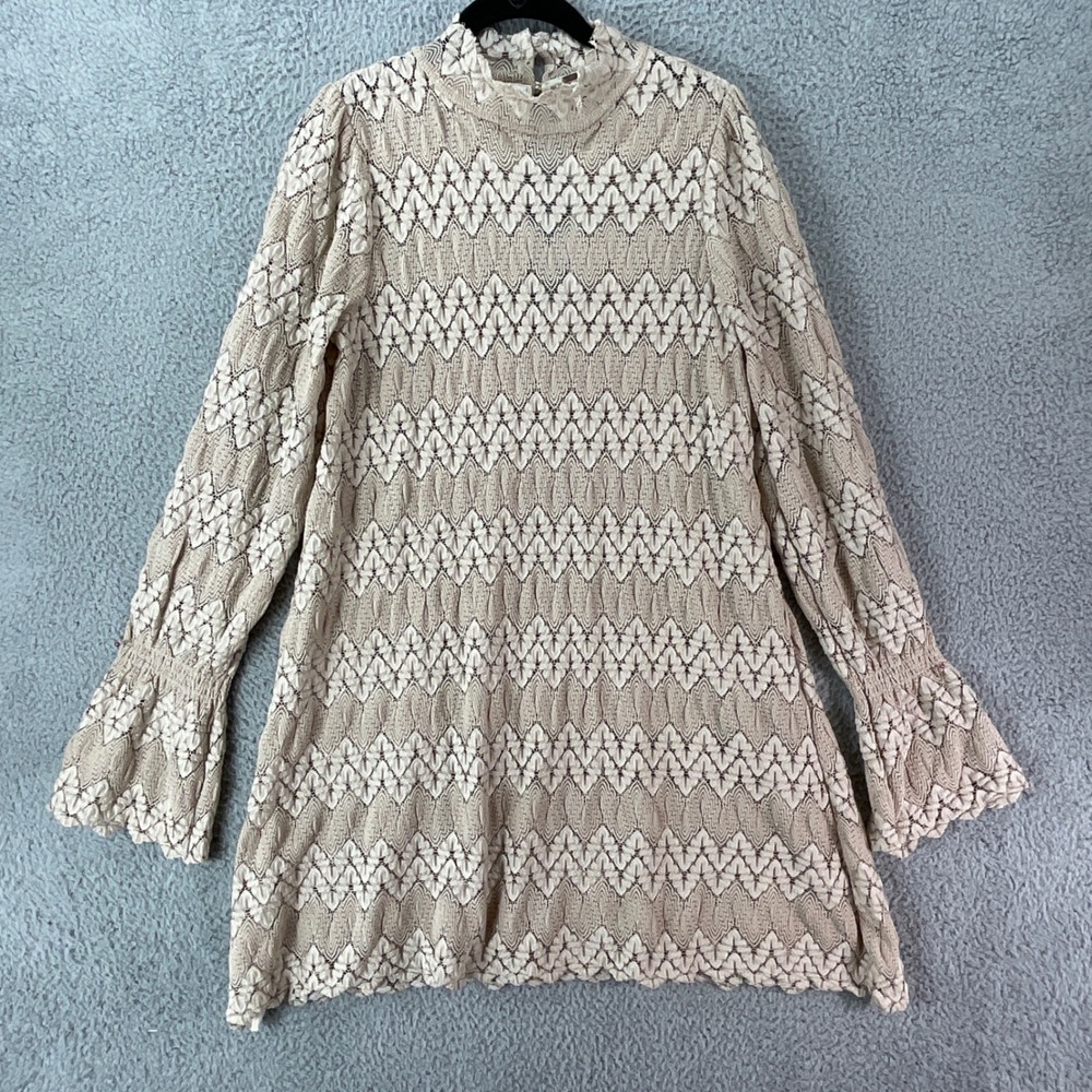Free People Crochet Knit Dress Womens Small Beige Bell Sleeve Mini Romantic Chic